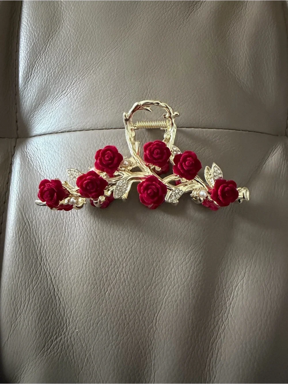 Romantic Red Rose Hair Claw Clip Gold Floral Rhinestone Updo Accessory